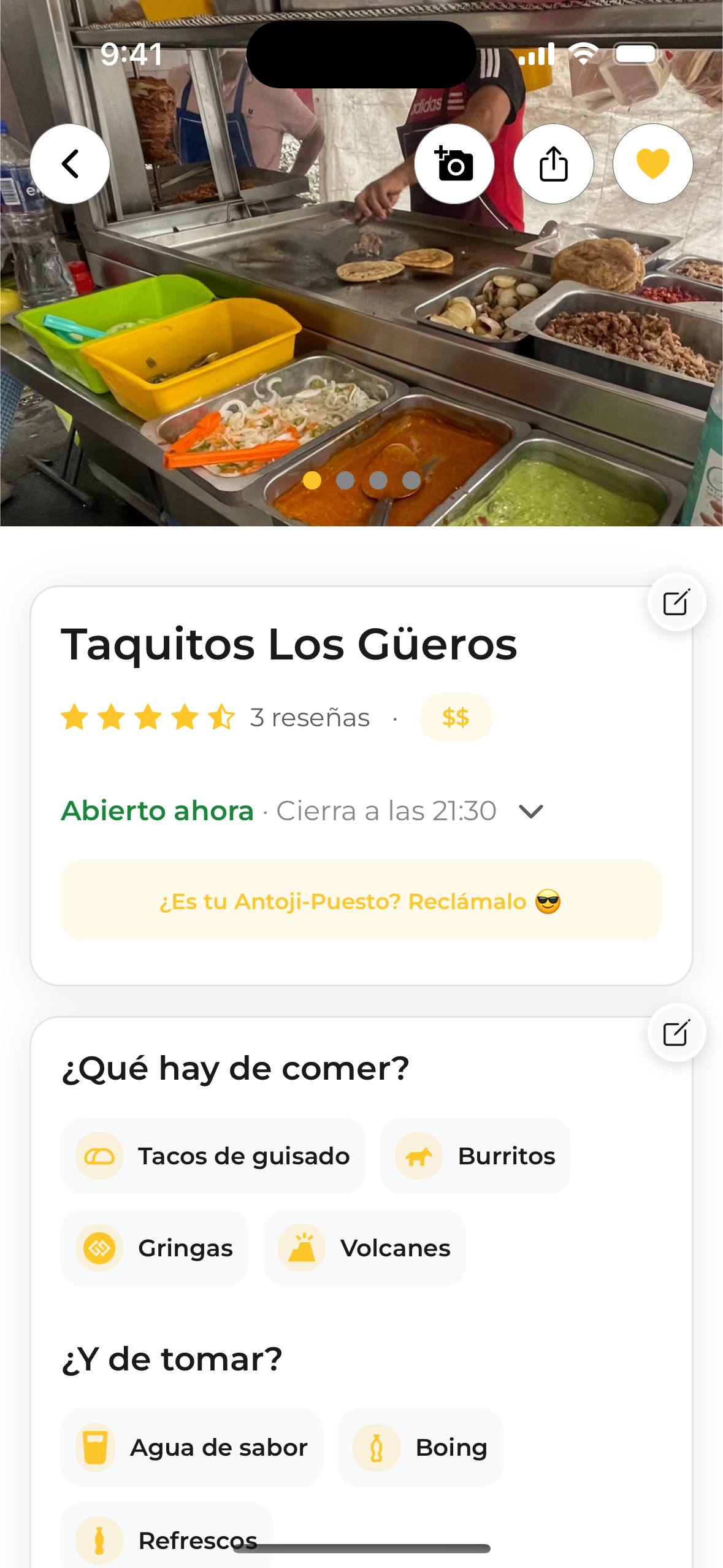 Detalle de un puesto en Antojify con fotos reales y reseñas de usuarios