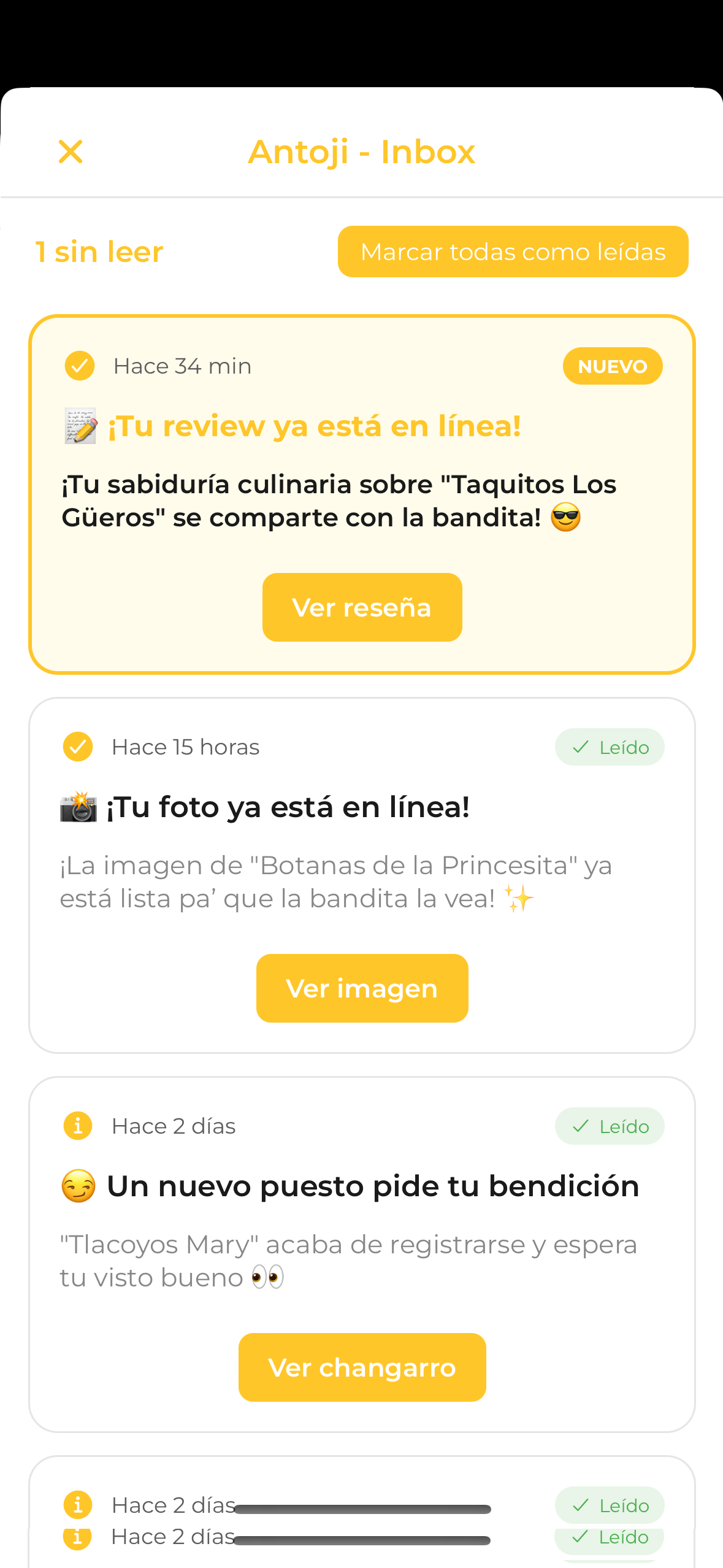 Notificaciones en Antojify sobre nuevos puestos, comentarios y más